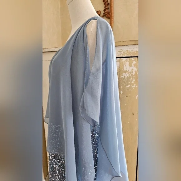 JKARA Blue Sequence Asymmetrical Cape/Shawl Flutter Sleeves Sheath Dress-Size 6P - Picture 5 of 9
